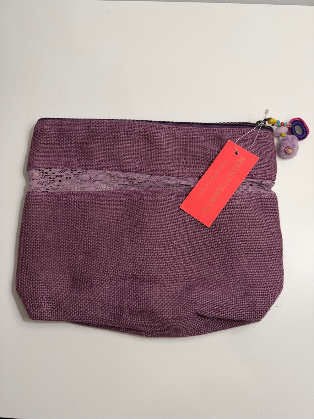 Lavender Purple Canvas Cosmetic Pouch with Lace Trim